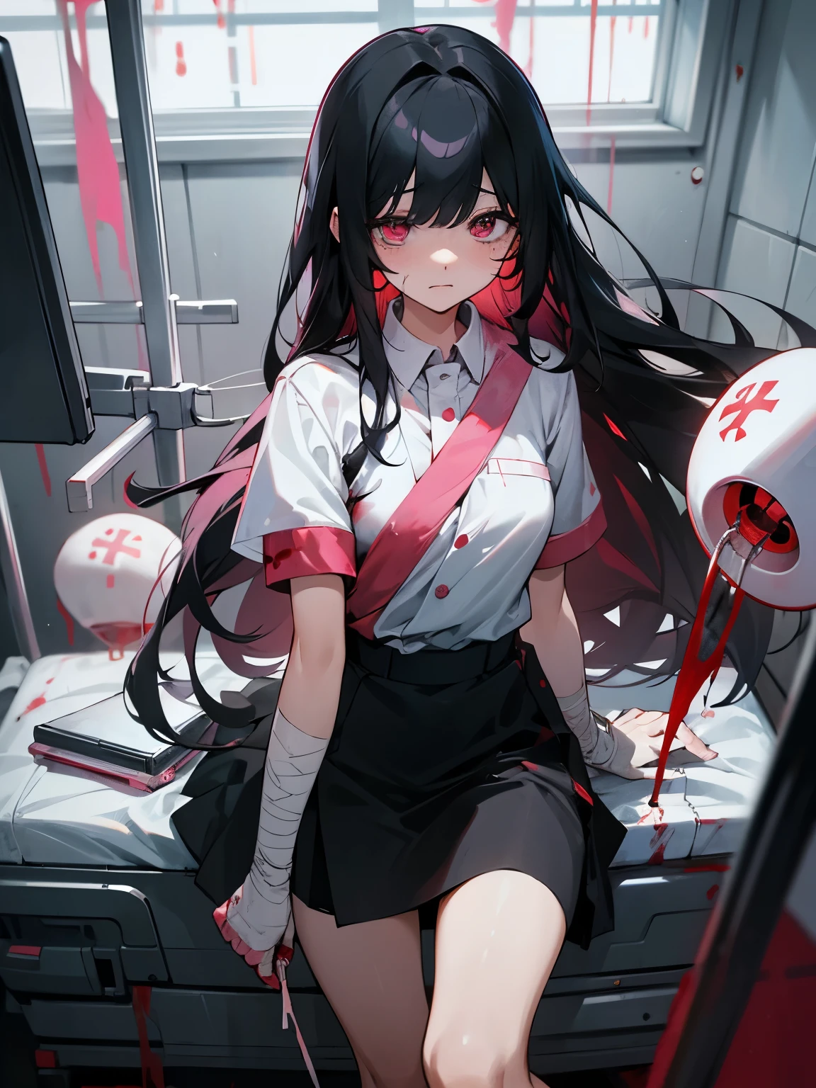 Blood droplets、blood、Internal organs、hospital、白と黒のnurse uniform、Bandages on both arms、Bandage on the leg、have a knife、cadaver、impatient face、be bothered、panic、hospitalの中、hospital room、desolation、window、black hair、pink eyes、long hairBlood droplets、blood、Internal organs、hospital、long hair、Let your hair down、disheveled hair、20-year-old、anxiety、panic、black and white short skirt、nurse uniform、aldult、kind、Blood droplets