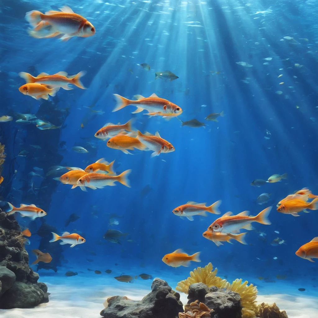 Aquarium, large aquarium, backlight, school of small fish, school of fish, distant view, underwater scenery, aquarium, beautiful environment, trending photography, underwater world, fish swimming, underwater light, water surface, beautiful light, blue world.