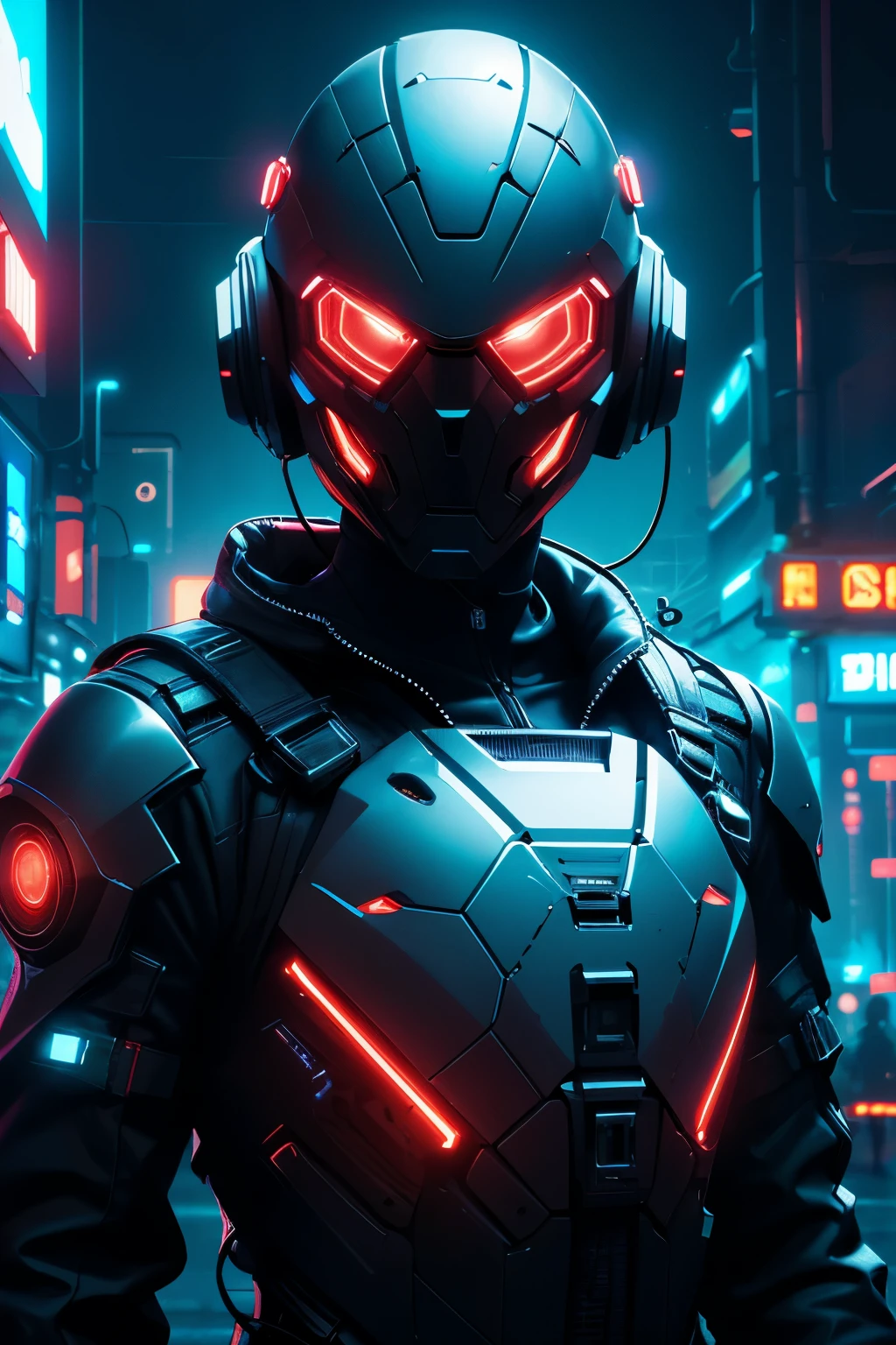 a person in a cyberhelmet at night,pixel, dark, neon lights, cinematic lighting,tactical oversized jacket, closeup, cyberpunk, hard surface modeling, full of battle gear, red keylight, obscure lighting contrast, poetic, detailed, realistic, 8k uhd, high quality