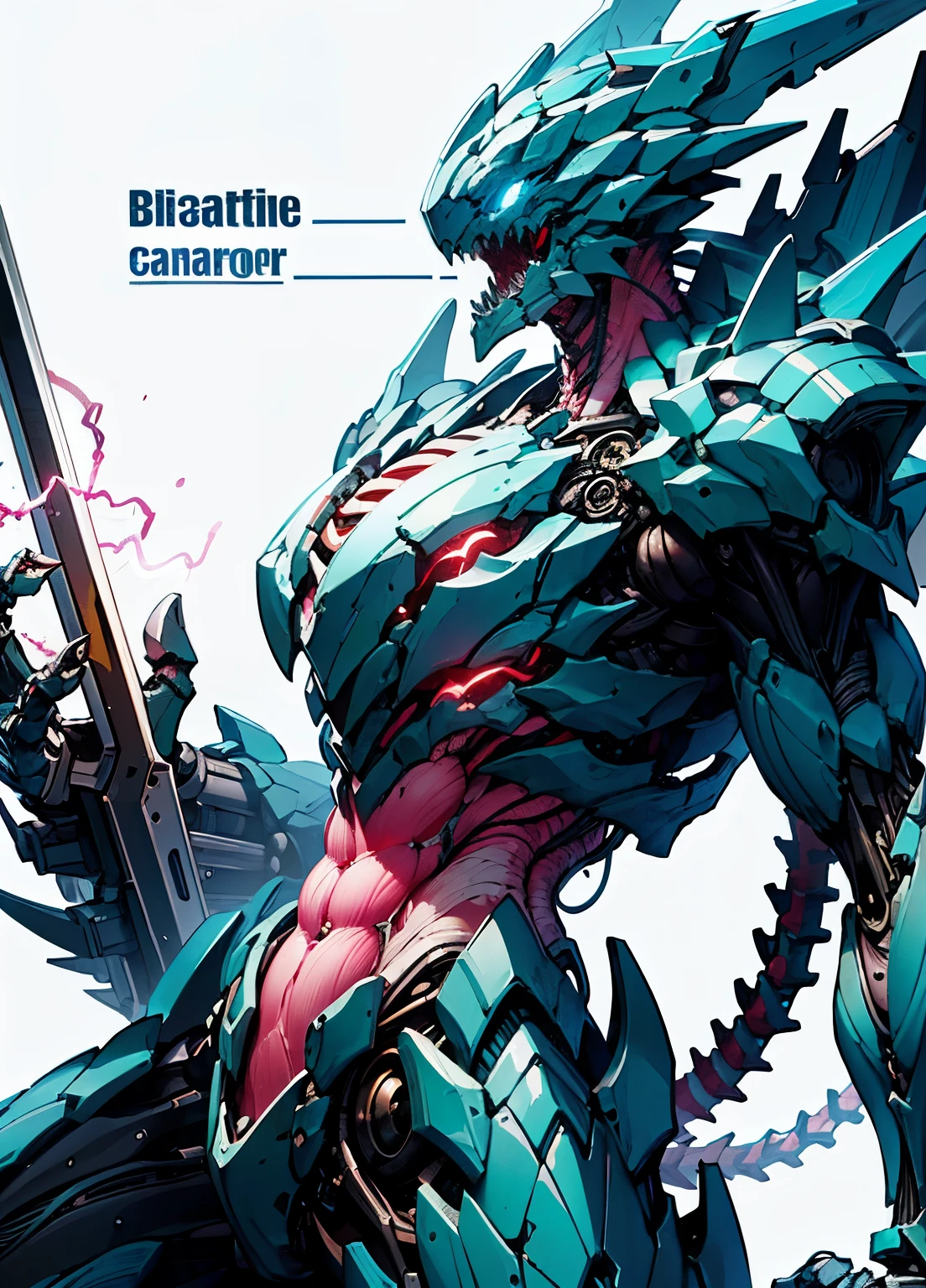 detailed, ultra-detailed, masterpiece, 8k wallpaper,(bio mecha:1.5),(mecha:1.4),
, (muscle:1.3), (muscle tissue:1.5), (colorful mecha:1.4)
(dramatic angle:1.3),(dynamic angle,:1.2), (mecha design (de):1.6), (mdde:1.3),
weapon, no humans, spikes, mecha, arm cannon, tail, solo, blue mecha, science fiction, standing, holding, glowing, electricity, teeth, holding gun, blue eyes, monster, simple background, sharp teeth, english text, claw