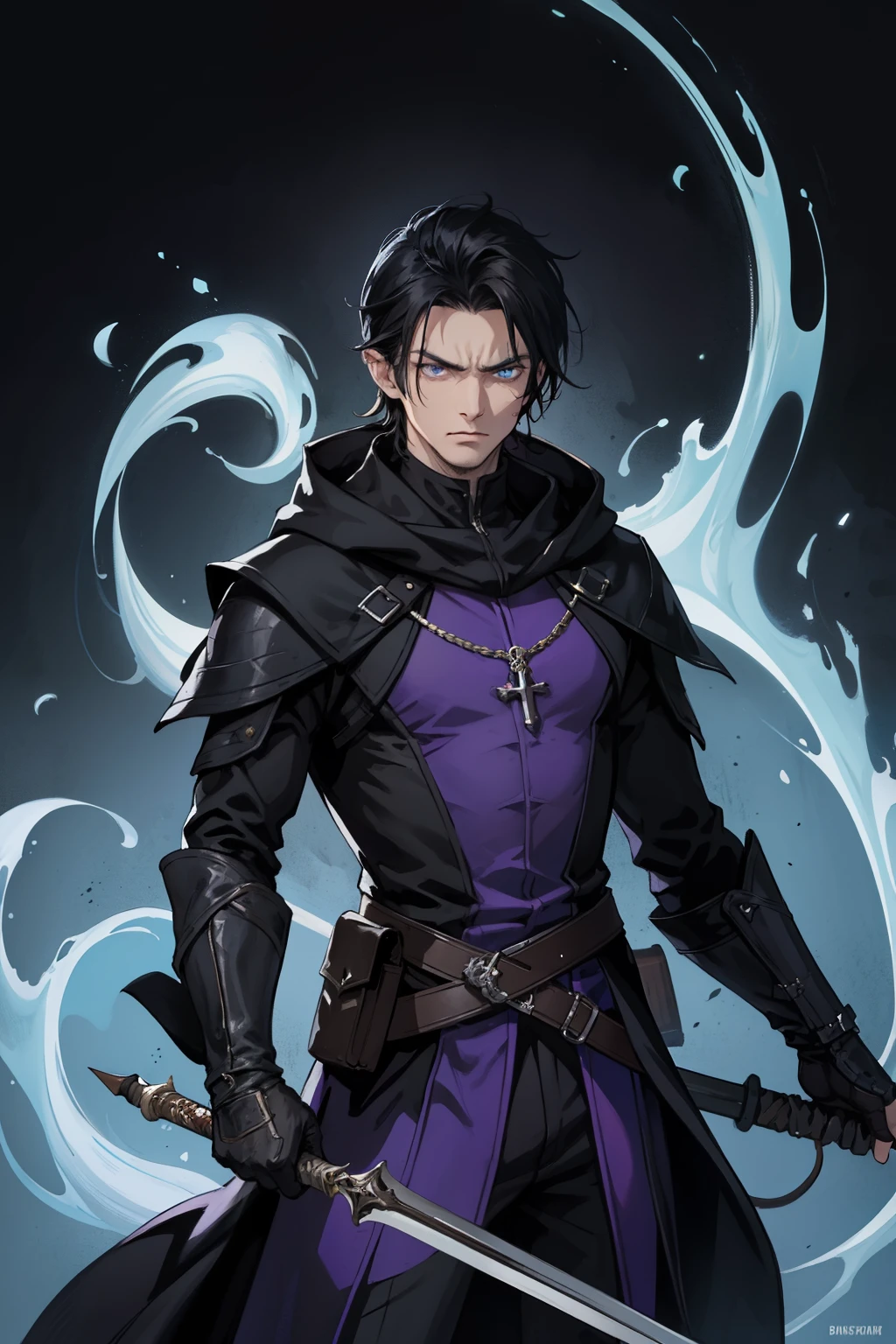 closeup of a dark scene, masterpiece, best quality, handsome angry male thief assassin rogue, short dark black hair, blue eyes, wearing mage cloak hooded, pointed ears, dark shadow magic with purple flames, with rapier on his right hand, 4k