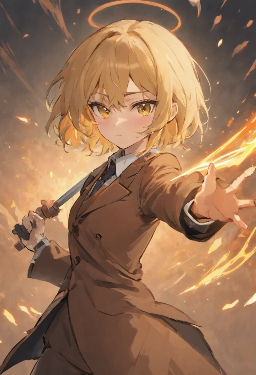 Female Genshin character in brown suit with sword. Short blonde curled hair. Amber eyes. Serious expression. Rapier.