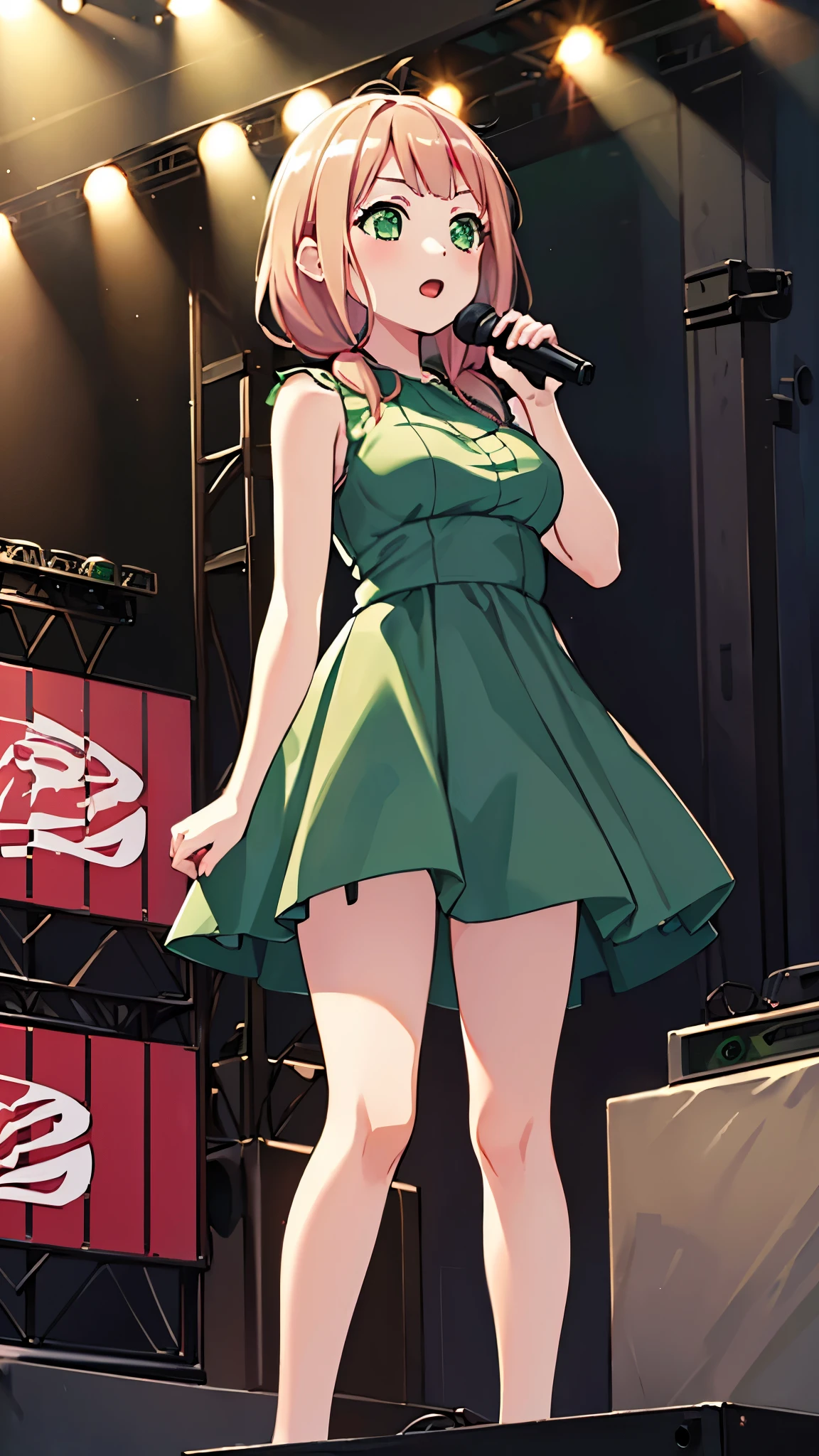 ((masterpiece, best quality)),very detailed, simple eyes, ((((outdoors,standing)))), (((green eyes))), (((medium breasts))),himari uehara, 1girl, (((kawai dress))), (((sing))), (((stage live live))), (((use microphone))),