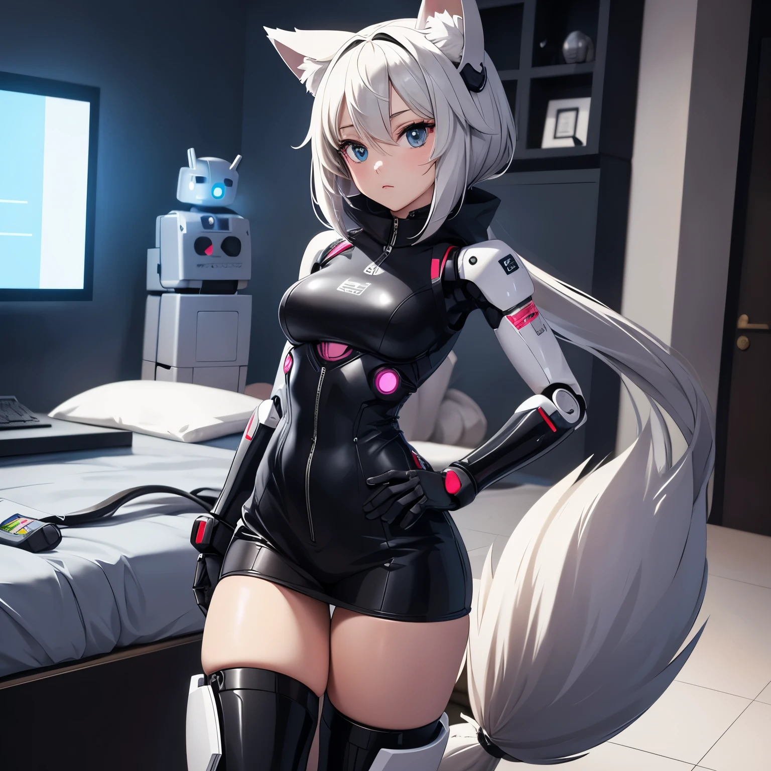 Anime style image of an Android robot girl who has a robotic body, is in underwear and has wolf ears and a tail who is in a room 