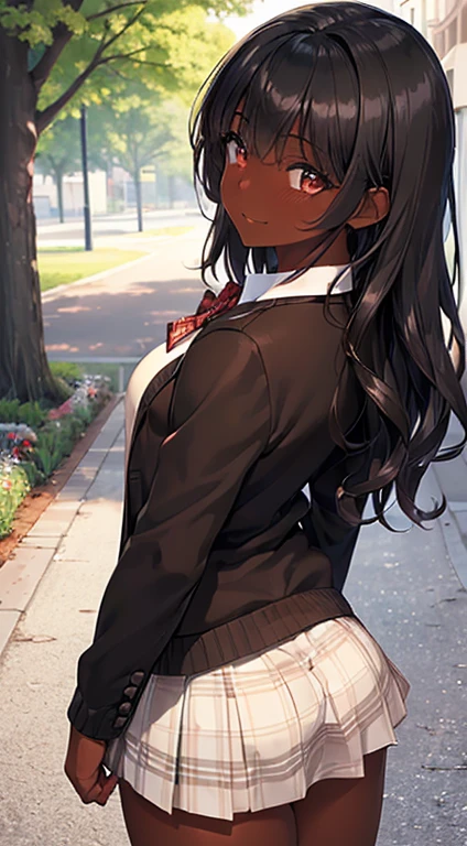 ((desktop, best quality, high quality, art, high resolution, nffsw, detailed, pixel perfect, perfect, detailed, absurd, ultra 8K HD, nffsw, nffsw))), 1 dark skinned woman, black girl,high quality,best quality,beautiful black girl, single, alone, beauty、full body seen、((medium wavy hair, bangs, bright olive skin, black hair, dark skin)), ((brown eyes, beautiful eyelashes, olive skin, realistic eyes)), ((detailed face , blush: 1.2)), ((soft texture: 0.75, realistic texture: 0.65, photorealistic: 1.1, CG anime style)), medium breasts, dynamic angle, beautiful and perfect body, (( red bow tie, school uniform, black jacket , open jacket, brown cardigan, white shirt, black skirt, plaid skirts)), in a park with trees and flowers、Looking at the viewer、Very embarrassing panic smile,wallpaper, I turned around、leaning forward、(The wind blew my skirt and exposed my butt. ........ . .. .. ... ..、Touch the buttocks with both hands、White panties) 、