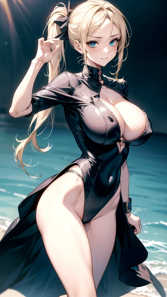 ((masterpiece, best quality, extremely detailed, absurdres)), ((high resolution)) ,((8k)), a beautiful woman, ((She is one of the most female thief.)), unparalleled beauty, ((large breasts:1.3)), ((large ass:1.1)), ((deep cleavage)), slim waist, chest out, ((ultra detailed face)), perfect skin, ((((waist length hair, blonde with side ponytail)))), green eyes, whole body image, sexy, an inviting smile, (((anime))), ((glamorous)), sexual attraction ,23 years old, ((incredibly beautiful woman)),  ((((provocative)))), ((The G cup bust)), ((((sexy pose)))), ((neat and clean.)),  ((((female thief)))), ((magic light)), Secret meeting, (((no wear a hat, no wear a cap))), ((no head accessory)), anime:1.2, gravure pose, bondage armor, mysterious,