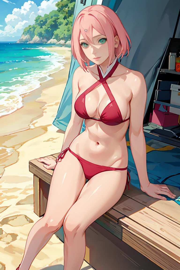 haruno sakura, side tie bikini, medium breast, slim legs, sunny day, Beach, leaning, beautiful eyes