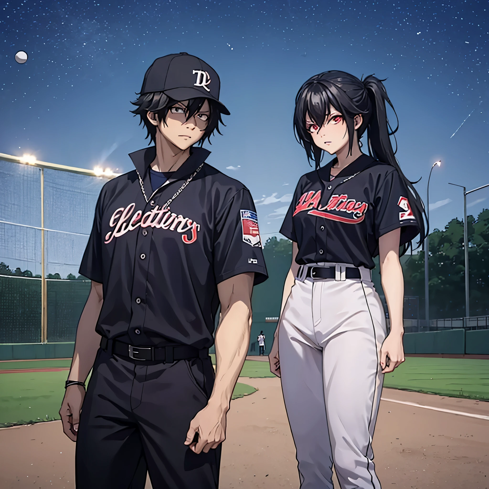 A man in a black baseball outfit together with a woman (eye red) in a baseball outfit on the baseball field at night