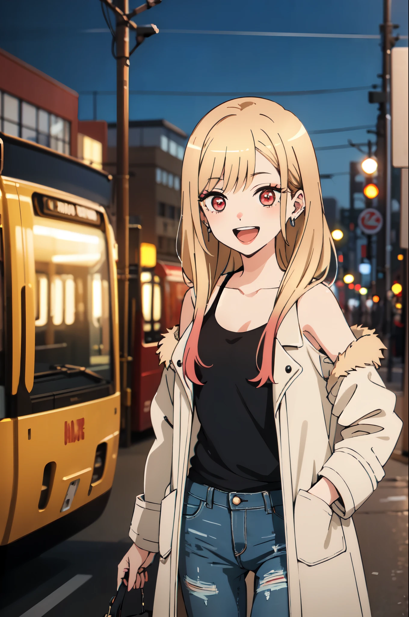 highest quality, (masterpiece:1.2), be familiar with,
Kitagawa Marine SB,
1 girl, alone, open your mouth, smile, teeth,
long hair, blonde hair, red eyes, colorful hair, earrings,
Are standing, looking at the viewer,city、white tank top、jeans、(Short shearling coat)
