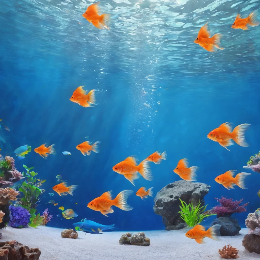 Aquarium, large aquarium, backlight, school of small fish, school of fish, distant view, underwater scenery, aquarium, beautiful environment, trending photography, underwater world, fish swimming, underwater light, water surface, beautiful light, blue world.