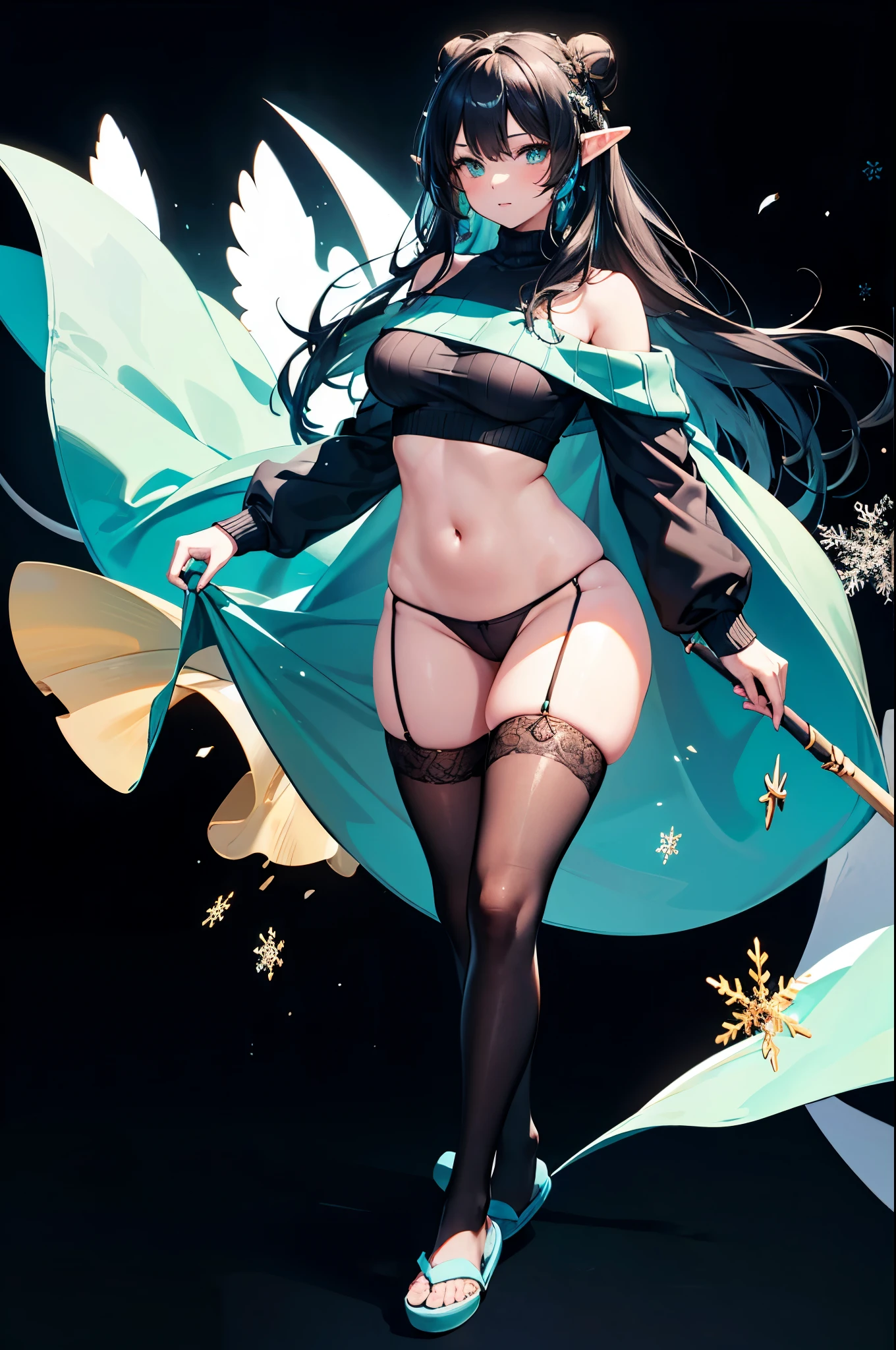 Detail image, realistic image, 1 elf. She has long black hair in a bun, large turquoise eyes, a delicate oval face, medium breasts and a curvy figure. She is wearing an off-shoulder sweater, thin thong, moccasin slippers, stockings to mid-thigh. snowflakes. Black background. Ambient light. Volumetric Light