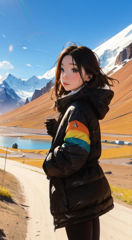 creative pose, sight, mountain, Vinicunca, mountain de toute les couleurs, mountain arc en ciel, Beautiful girl, UHD Portrait, (high quality) (ultra detail) 고급 등mountain복 옷을 입은 시청자를 관찰하십시오.; another, fancy, Long brunette 🌈