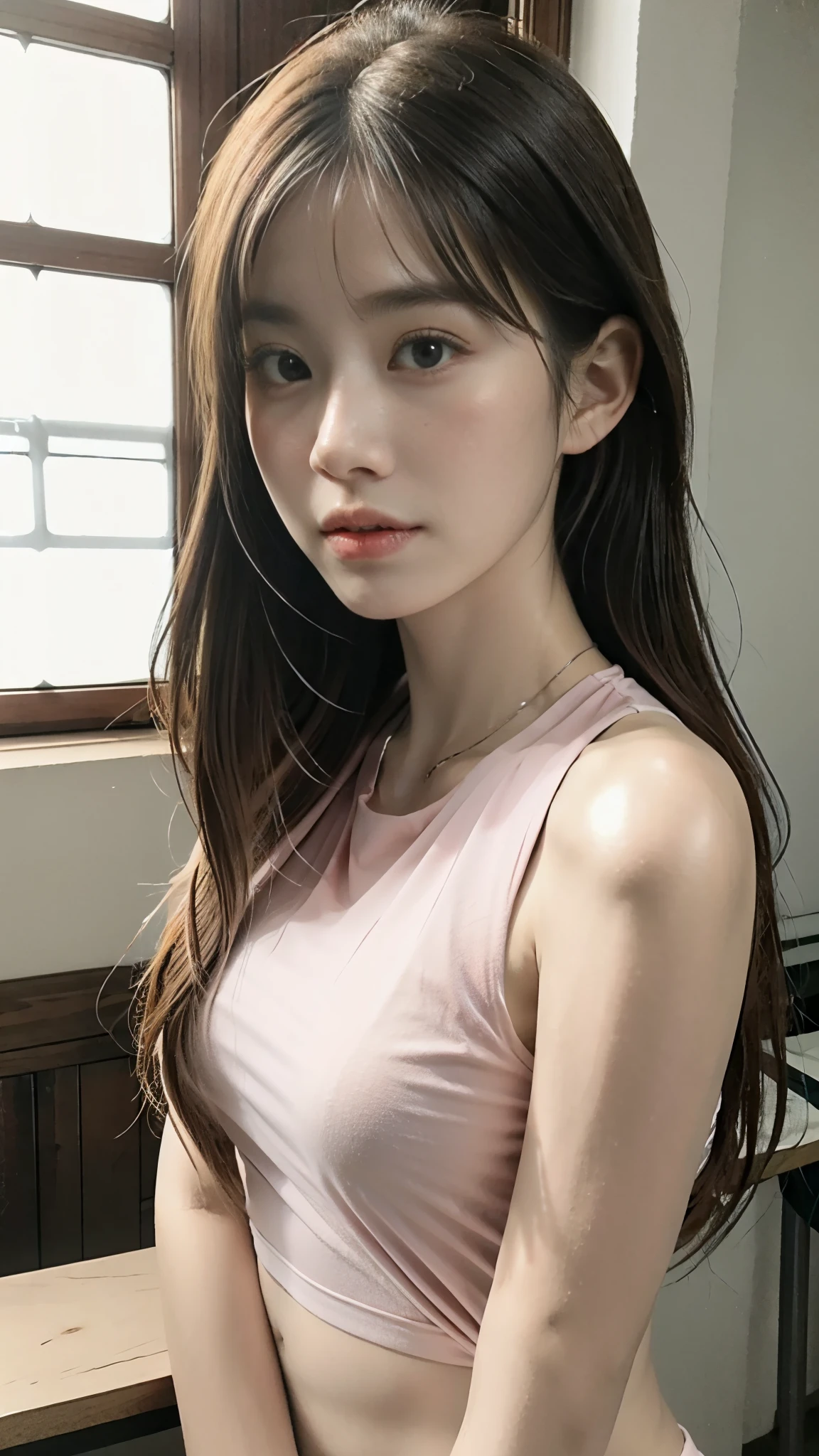 Masterpiece, Top quality, (Realistic, Photorealistic: 1.4), (RAW photos: 1.2), Highly detailed CG Unity 8K wallpaper, Very delicate and beautiful, Amazing, Detailed, Official art, Absurd, Incredibly silly, huge file size, very detailed, very elaborate, beautiful eyes and face, beautiful elaborate eyes, light on face, one girl, long hair, (pong) navel, upper body , sleeveless shirt, bare arms, bangs, school, classroom, ulzzang-6500-v1.1