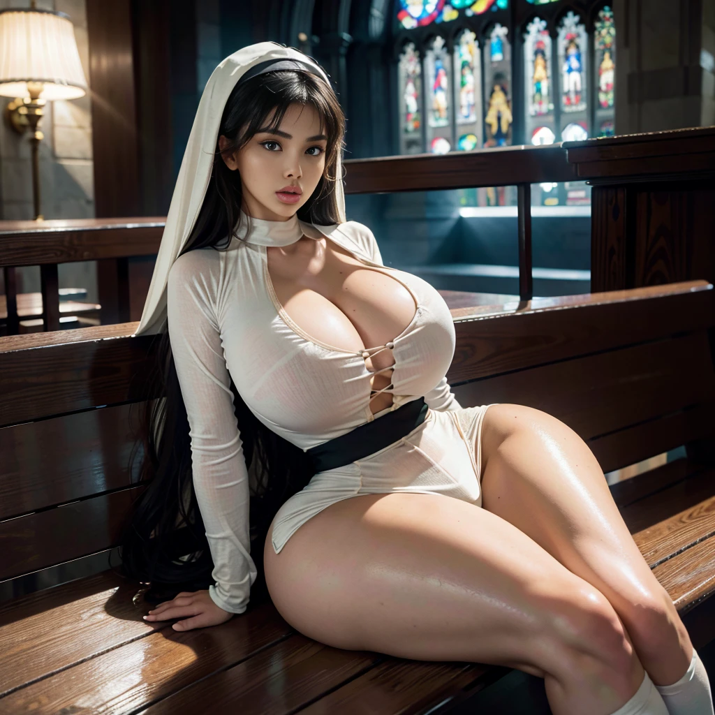 1- girl, best quality, masterpiece,high resolution,Nun in a cathedral sitting on a bench, scared look, giant breasts, black Chanel hair, asymmetrical, full body, UHD,8K, RAW, HDR, Photo realistic, cinematic, texture overlay, megapixel, Octane render, film grain, sharpness, super-resolution, super-quality, super-details, VFX, CFX, TXAA, FXAA, contour, delineate, highly details, ultra realistic, split toning, ambient occlusion, Surface scattering, soft ligths, glow, ant-aliasing, noise reduction, pós -processing, post-processing, RTX NVIDIA, super-resolution, super-quality, super-details,70mm lenses.