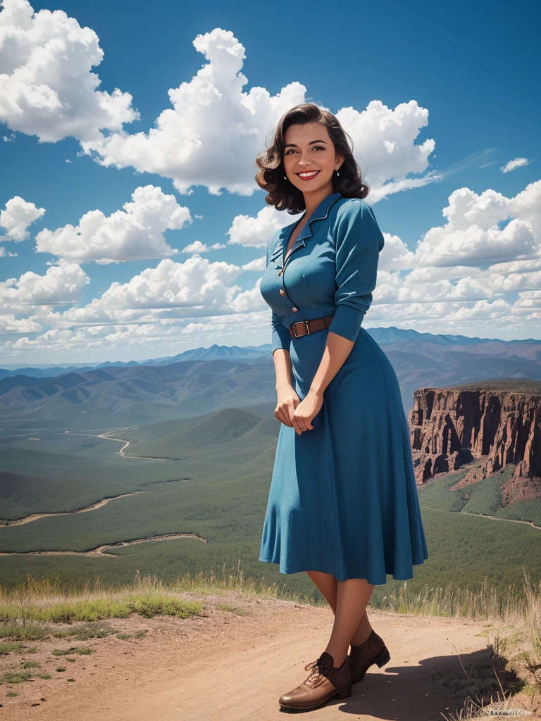 1940s poster, gorgeous choctaw woman, oklahoma mountain range in distance, blue sky, light clouds, smiling, vintage clothing, tight clothing