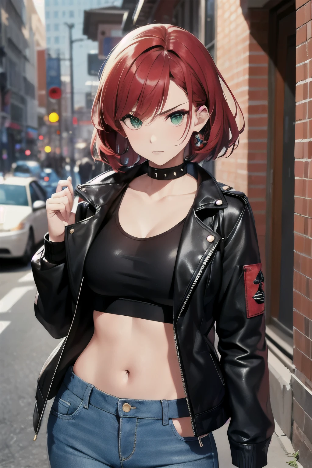(masterpiece), (portrait), (aesthetic), (beautiful), (upper blody), (high quality), (aesthetic clothings), (professional angle), (rule of thirds), (Feminine), (woman), (female), (beautiful),(feminine features), (21 years), solo, 1 woman, (attractive English), Angry, (-), (Daytime), (Dramatic light), ((Angry Expression)), (Clenched Fists Hands), ((Looking Forward Face)), ((Furious)), (Edgy Make-up), (Moderate Bust), (Studded Bracelet), ((Short Hair)), (Red Hair), (Wavy Hair), (Spiky hair), (Punk Accessories in Hair), (Narrowed Eyes), (Green Eyes), (Fierce Look), Fair skin, (Dark Contrasts Clothing), (Leather Jacket), (Graphic Tee), (Jeans ), (Crew Neck Neckline), ((Urban Setting background)), (Medium Shot Shot),