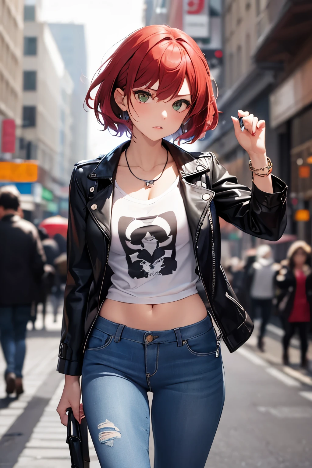 (masterpiece), (portrait), (aesthetic), (beautiful), (upper blody), (high quality), (aesthetic clothings), (professional angle), (rule of thirds), (Feminine), (woman), (female), (beautiful),(feminine features), (21 years), solo, 1 woman, (attractive English), Angry, (-), (Daytime), (Dramatic light), ((Angry Expression)), (Clenched Fists Hands), ((Looking Forward Face)), ((Furious)), (Edgy Make-up), (Moderate Bust), (Studded Bracelet), ((Short Hair)), (Red Hair), (Wavy Hair), (Spiky hair), (Punk Accessories in Hair), (Narrowed Eyes), (Green Eyes), (Fierce Look), Fair skin, (Dark Contrasts Clothing), (Leather Jacket), (Graphic Tee), (Jeans ), (Crew Neck Neckline), ((Urban Setting background)), (Medium Shot Shot),