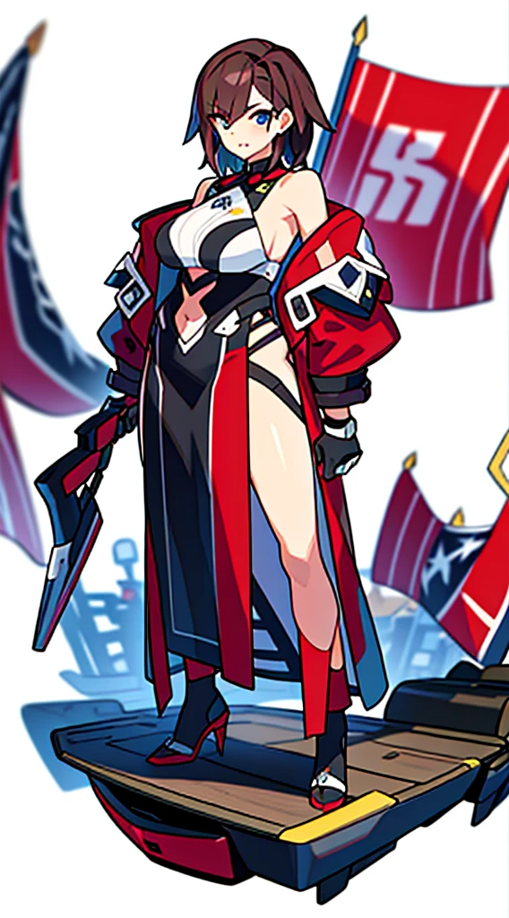 solo woman, (((blurry background, white background))), character focus, fantasy clothes, standing, full body, shorts, holding weapon, thong,
