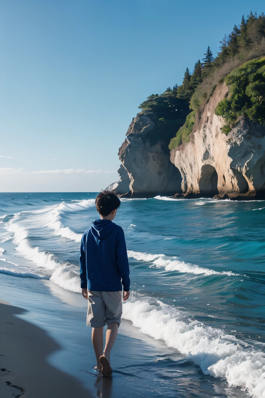 A boy shows his profile,Walk by the sea,There are blue waves
