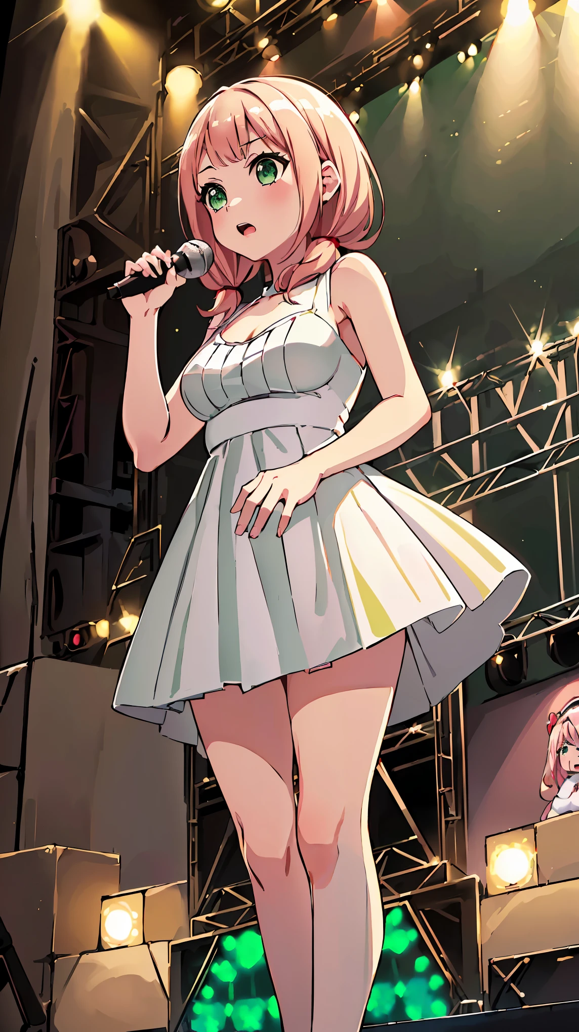 ((masterpiece, best quality)),very detailed, simple eyes, ((((outdoors,standing)))), (((green eyes))), ((((white 
dress))), ((((medium breasts))),himari uehara, 1girl, (((kawai dress))), (((sing))), (((stage live live))), (((use microphone))),