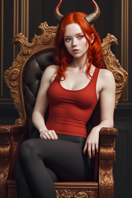 There is a woman sitting on a throne wearing a set: tank top and yoga pants, sample neckline, red-haired girl, horns on her head, beautiful red-haired woman, red-haired woman, young red-haired girl, short bright red hair, red hair and attractive features, Anna Nikonova aka Newmilky, red-haired girl, redhead, beautiful woman, sitting imposingly on a black oak throne, redhead, with short red hair, posing with arrogance and refinement