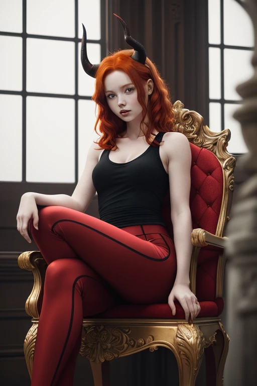 There is a woman sitting on a throne wearing a set: tank top and yoga pants, sample neckline, red-haired girl, horns on her head, beautiful red-haired woman, red-haired woman, young red-haired girl, short bright red hair, red hair and attractive features, Anna Nikonova aka Newmilky, red-haired girl, redhead, beautiful woman, sitting imposingly on a black oak throne, redhead, with short red hair, posing with arrogance and refinement