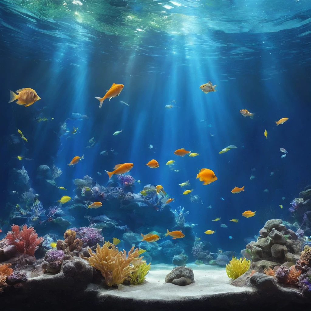 Aquarium, large aquarium, backlight, school of small fish, school of colorful fish, scenery seen from a distance, underwater scenery, aquarium, beautiful environment, trending photography, underwater world, fish swimming, underwater light, water surface, beautiful light, blue world