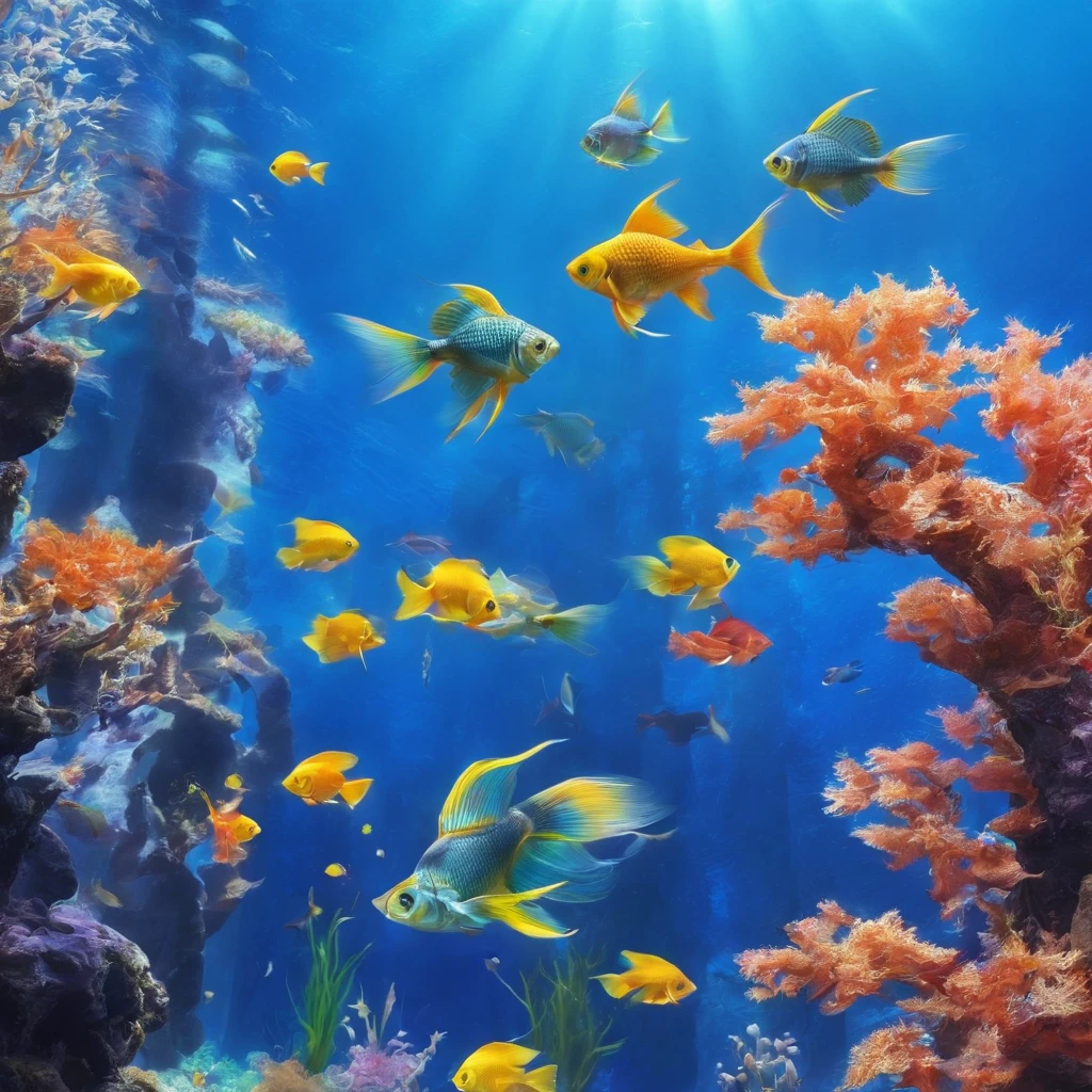 Aquarium, large aquarium, backlight, school of small fish, school of colorful fish, scenery seen from a distance, underwater scenery, aquarium, beautiful environment, trending photography, underwater world, fish swimming, underwater light, water surface, beautiful light, blue world