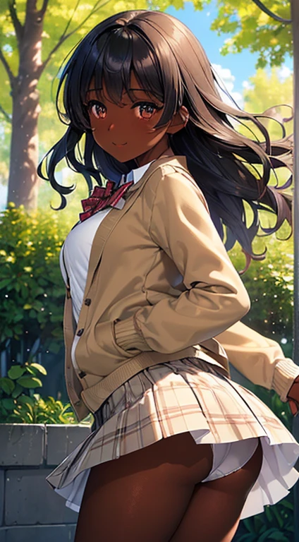((desktop, best quality, high quality, art, high resolution, nffsw, detailed, pixel perfect, perfect, detailed, absurd, ultra 8K HD, nffsw, nffsw))), 1 dark skinned woman, black girl,high quality,best quality,beautiful black girl, single, alone, beauty、full body seen、((medium wavy hair, bangs, bright olive skin, black hair, dark skin)), ((brown eyes, beautiful eyelashes, olive skin, realistic eyes)), ((detailed face , blush: 1.2)), ((soft texture: 0.75, realistic texture: 0.65, photorealistic: 1.1, CG anime style)), medium breasts, dynamic angle, beautiful and perfect body, (( red bow tie, school uniform, black jacket , open jacket, brown cardigan, white shirt, black skirt, plaid skirts)), in a park with trees and flowers、Looking at the viewer、Very embarrassing panic smile,wallpaper, I turned around、leaning forward、(The wind blew my skirt and exposed my butt. ........ . .. .. ... ..、Touch the buttocks with both hands、White panties) 、