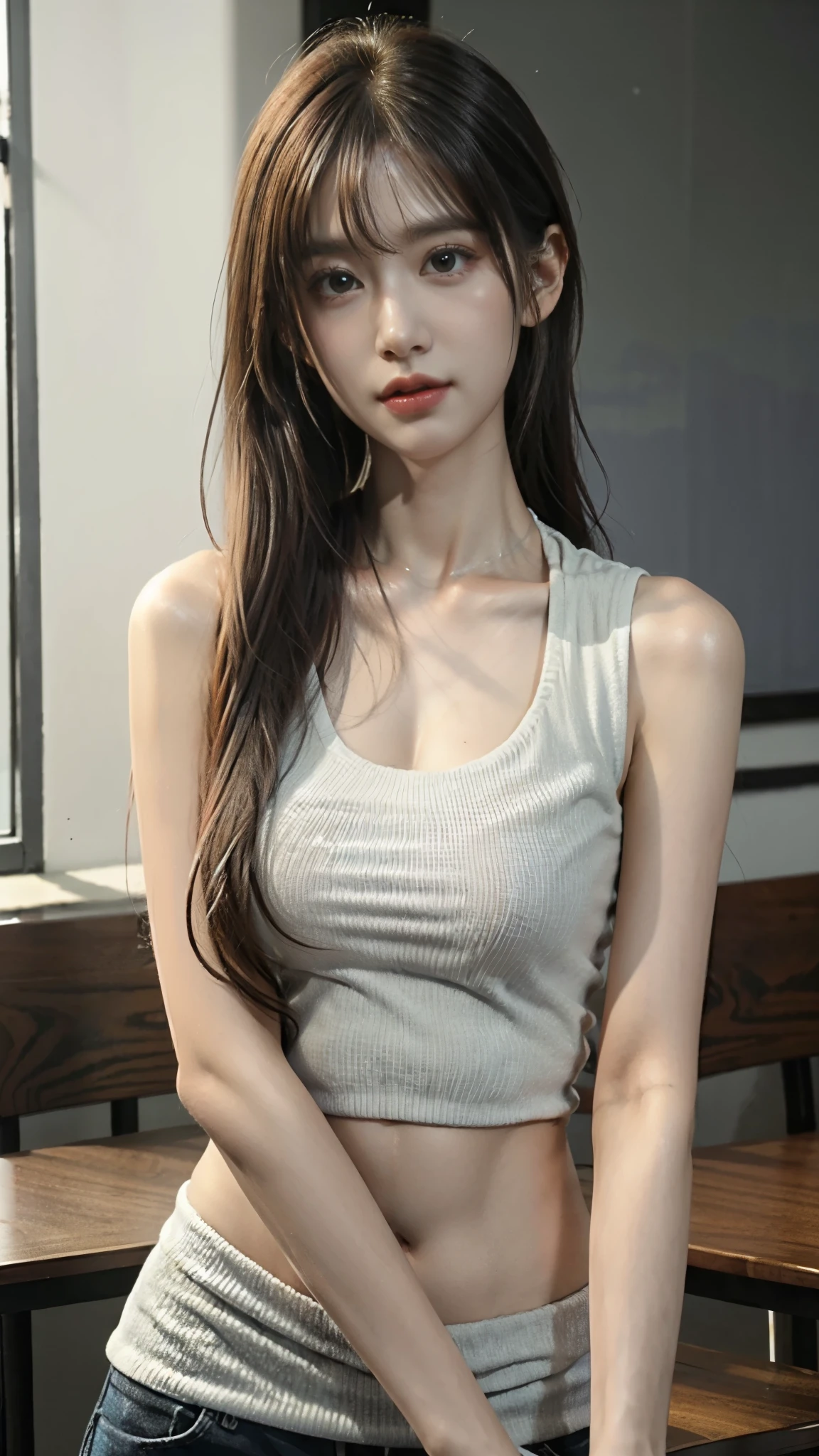 Masterpiece, Top quality, (Realistic, Photorealistic: 1.4), (RAW photos: 1.2), Highly detailed CG Unity 8K wallpaper, Very delicate and beautiful, Amazing, Detailed, Official art, Absurd, Incredibly silly, huge file size, very detailed, very elaborate, beautiful eyes and face, beautiful elaborate eyes, light on face, one girl, long hair, (pong) navel, upper body , sleeveless shirt, bare arms, bangs, school, classroom, ulzzang-6500-v1.1