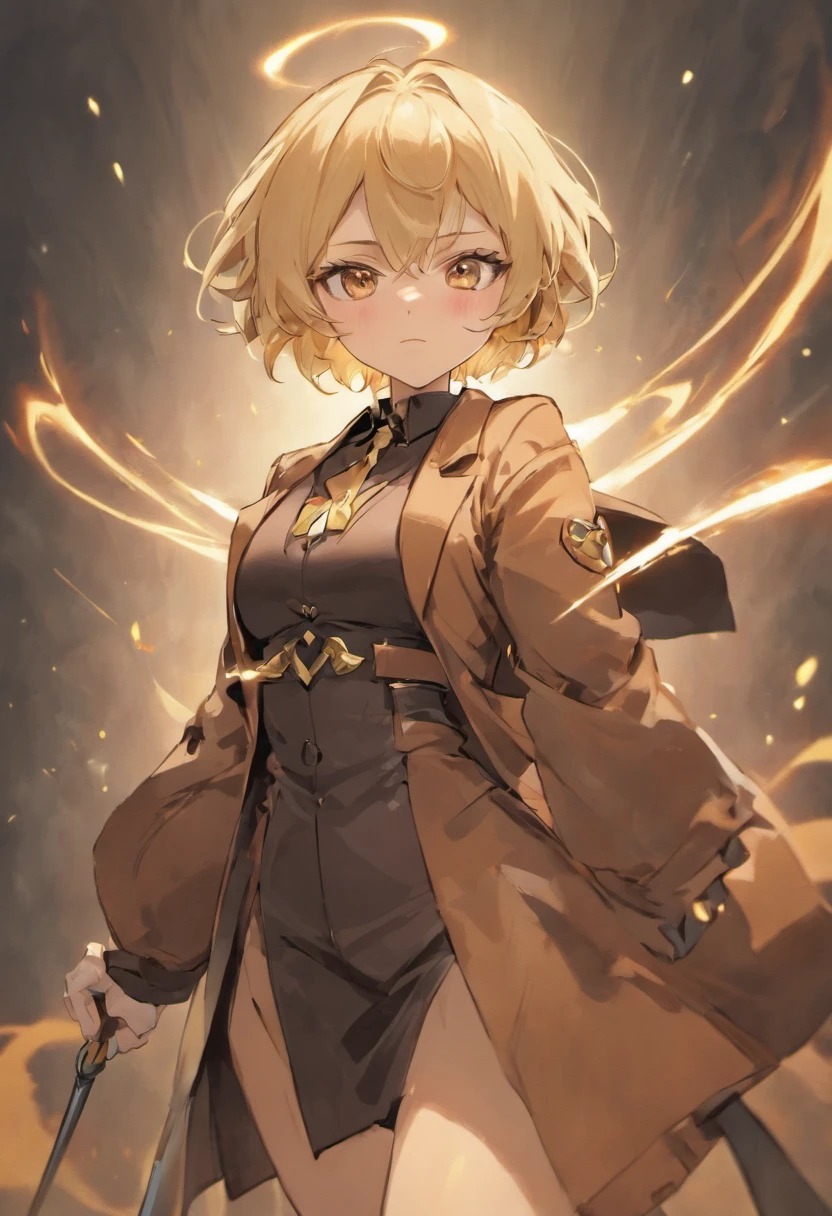 Female Genshin character in brown suit-like outfit with sword. Short blonde curled hair. Amber eyes. Serious expression. Rapier.