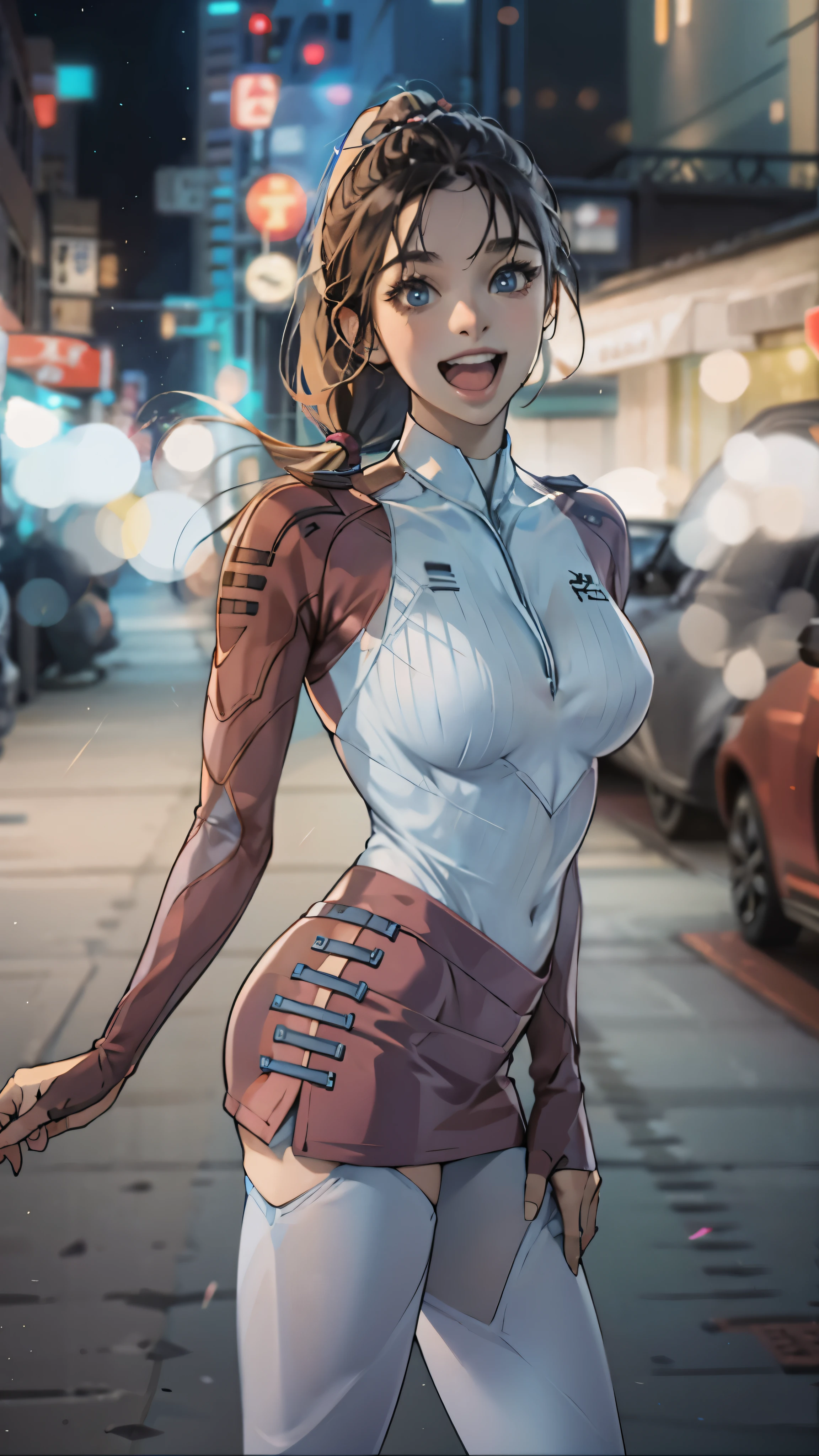 woman,20-year-old,,city,night,white tight miniskirt bodysuit,(),open mouth smile((See-through))Glasses,((Beautiful long ponytail))