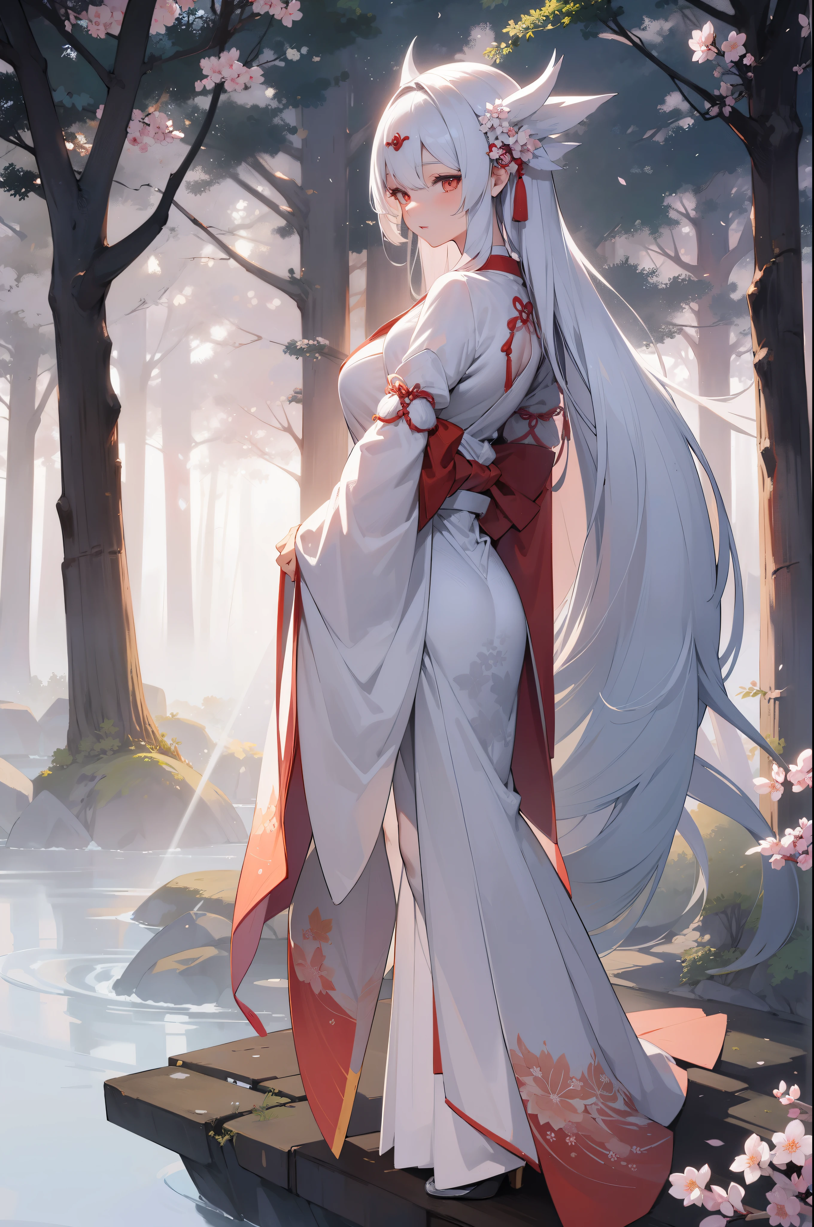 A humanoid white haired nine tailed fox (from Japanese Mythology) standing elegantly in a forest with different blossoms, including Sakura. At her feet is a decapitated body, while she holds the decapitated head by the hair down at her side. While she looks up into the sky, while rays of sunlight hit her face.