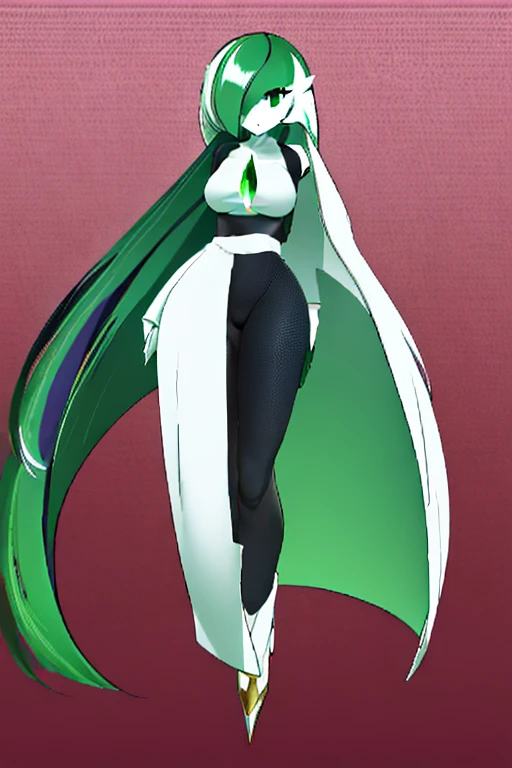 (masterpiece、top-quality:1.2)、1girl in、独奏、sabrina、huge breast, A pokémon、length hair、purple color hair、bluntbangs、red eyes、Red Sweater Dress、(white glove:1.2)、Black sash、(Black Leggings:1.1)、(body suit:1.1)、((pantyhose))、(thigh high boots)、simple background, pokemonlusamine, blonde hair, (green eyes:1.5), hair over one eye, long hair, multicolored hair, streaked hair, very long hair, bare arms, diamond (shape), dress, gem, green gemstone, leggings, short dress, sleeveless, sleeveless dress, white dress, white leggings, gardevoir, pokemon