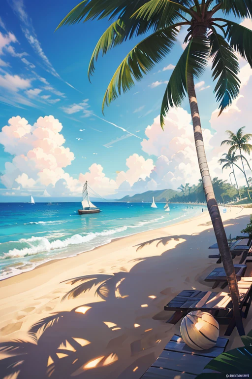 Beautiful sandy beach，There are coconut trees on the beach，The sea water is crystal clear，There are many beautiful shells on the beach，The sun rises over the sea