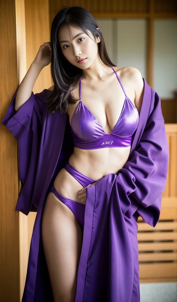 araffe woman in a purple bikini and blue jacket posing for a picture, kimi takemura, ayami, in kimono, young sensual gravure idol, chiho ashima, mayuri shiina, kotegawa yui, japanese model, sexy :8, seductively looking in front, 奈良美智