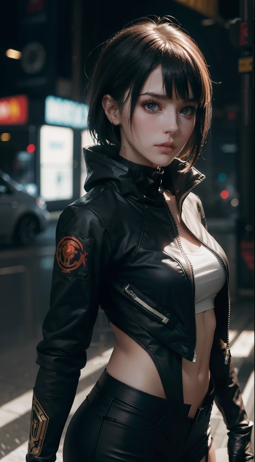 Beautiful hyperrealistic photograph of female cyberpunk android, wearing Blade Runner jacket, fringe cut bangs hairstyle, cluttered Blade Runner background, dynamic pose, concept art, By Brian Froud and Carne Griffiths and Wadim Kashin and John William Waterhouse, intricate detail, 8k post-production, High resolution, super Detail, trending on ArtStation, sharp focus, studio photos, intricate detail, depth of field, f/2.8, cinematic illumination, dark shadows.