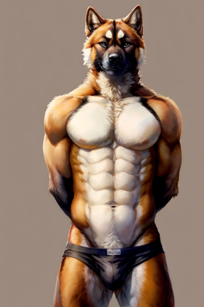 Solo, Furry, Anthro, Akita Inu, Male, E621, Standing, Hands behind back, Wearing underwear, Simple background, Front view, by Childe Hassam
