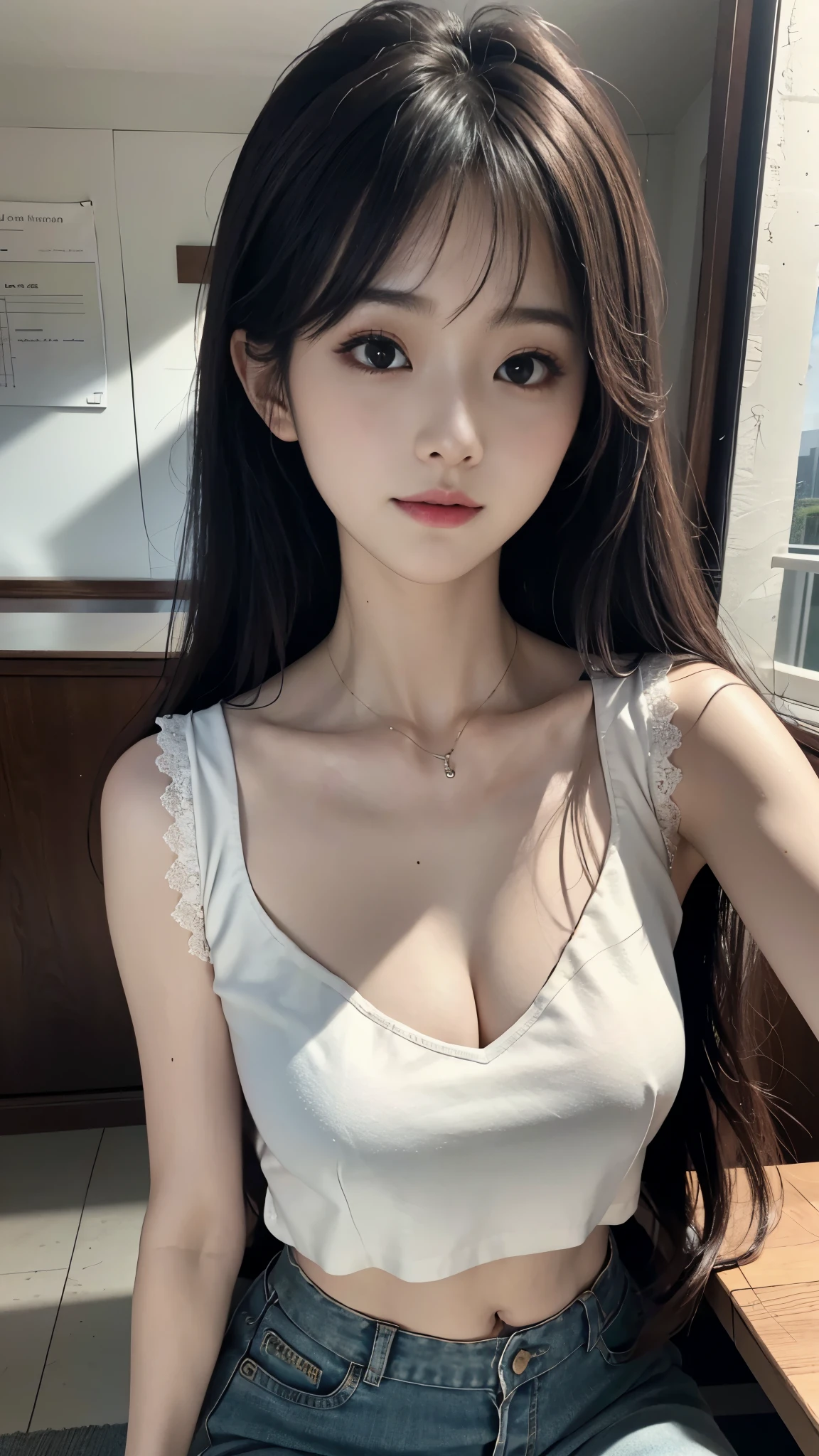 Masterpiece, Top quality, (Realistic, Photorealistic: 1.4), (RAW photos: 1.2), Highly detailed CG Unity 8K wallpaper, Very delicate and beautiful, Amazing, Detailed, Official art, Absurd, Incredibly silly, huge file size, very detailed, very elaborate, beautiful eyes and face, beautiful elaborate eyes, light on face, one girl, long hair, (pong) navel, upper body , sleeveless shirt, bare arms, bangs, school, classroom, ulzzang-6500-v1.1