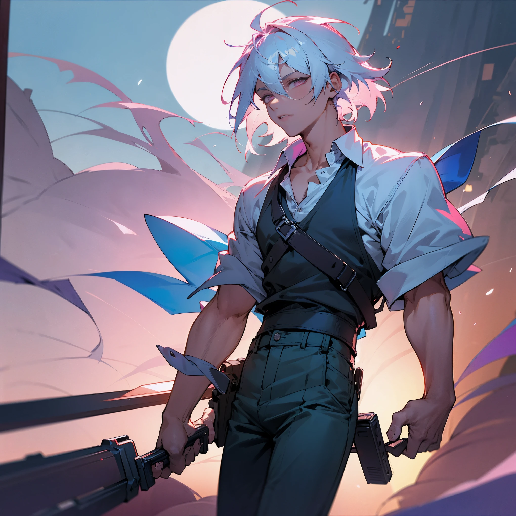 1male, young teen, medium messy white hair with blue highlights, finely detailed pink eyes, loose v neck shirt with sleeves rolled up, loose cargo pants, empty underarm gun holster, gun holster under armpit, standing on street, best lighting and shadows, big dark city, lanterns, confident, moonlight, nighttime