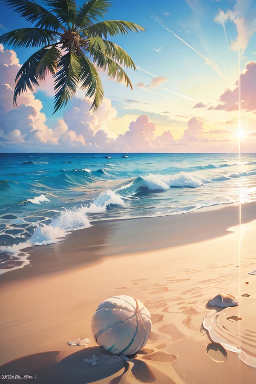 Beautiful sandy beach,There are coconut trees on the beach,The sea water is crystal clear,There are many beautiful shells on the beach,The sun rises over the sea