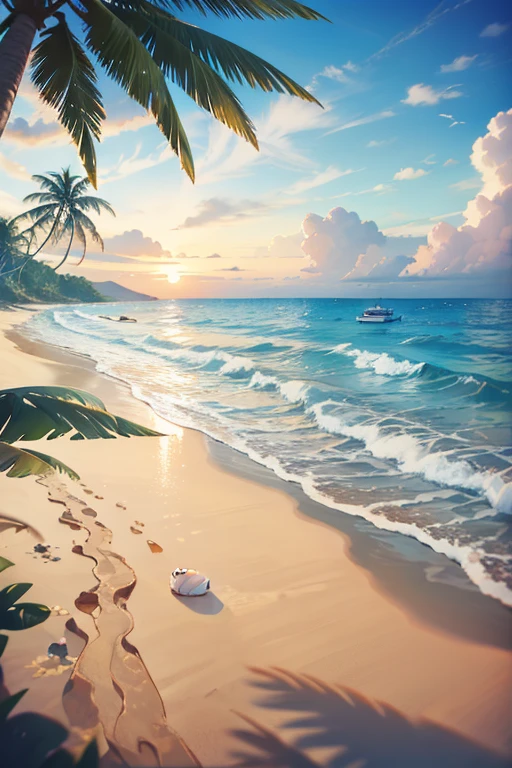 Beautiful sandy beach，There are coconut trees on the beach，The sea water is crystal clear，There are many beautiful shells on the beach，The sun rises over the sea