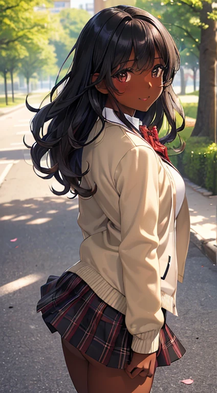 ((desktop, best quality, high quality, art, high resolution, nffsw, detailed, pixel perfect, perfect, detailed, absurd, ultra 8K HD, nffsw, nffsw))), 1 dark skinned woman, black girl,high quality,best quality,beautiful black girl, single, alone, beauty、full body seen、((medium wavy hair, bangs, bright olive skin, black hair, dark skin)), ((brown eyes, beautiful eyelashes, olive skin, realistic eyes)), ((detailed face , blush: 1.2)), ((soft texture: 0.75, realistic texture: 0.65, photorealistic: 1.1, CG anime style)), medium breasts, dynamic angle, beautiful and perfect body, (( red bow tie, school uniform, black jacket , open jacket, brown cardigan, white shirt, black skirt, plaid skirts)), in a park with trees and flowers、Looking at the viewer、Very embarrassing panic smile,wallpaper, I turned around、leaning forward、(The wind blew my skirt and exposed my butt. ........ . .. .. ... ..、Touch the buttocks with both hands、White panties) 、