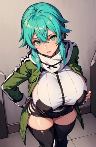 (masterpiece), best quality, expressive eyes, perfect face, highres, sinon1, scarf, fingerless gloves, long sleeves, short shorts, hair ornament, hairclip, green thighhighs, green jacket, thigh strap, field, ruins background, ruined structures, standing, portrait, looking at the viewer, (from above:1.2), (Very slim and slender muscular body:1.3), (long leges:1.5), (Extremely beautiful face, Beautiful lips, Beautiful eyes), (thicc:1.5), wide hips, (Huge breasts:1.5), (huge tit, sagging breast, Slim, tightsuit, Lower chest position, Swollen breasts, crisp breasts, Breasts during lactation)