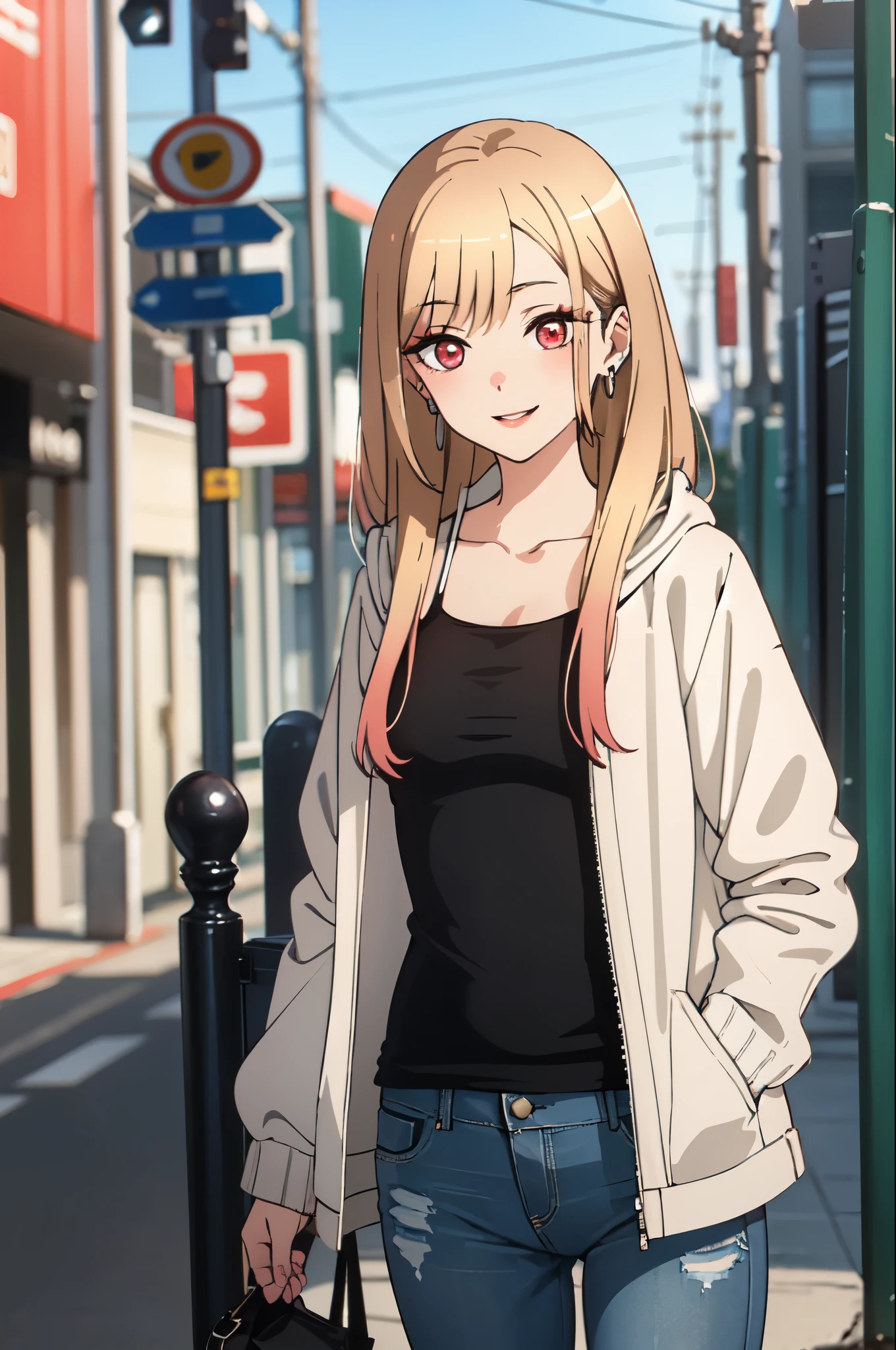 highest quality, (masterpiece:1.2), become familiar with,
Kitagawa Marine SB,
1 girl, alone, close your mouth, smile, lips long hair, blonde hair, red eyes, colorful hair, earrings,
Are standing, looking at the viewer、city、white tank top、jeans、(Laser jacket)