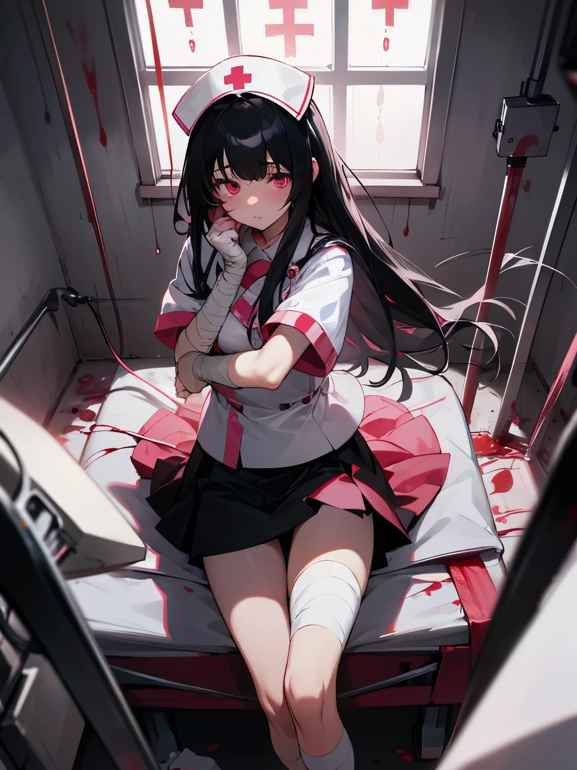 Blood droplets、blood、Internal organs、hospital、白と黒のnurse uniform、Bandages on both arms、Bandage on the leg、have a knife、cadaver、impatient face、be bothered、panic、hospitalの中、hospital room、desolation、window、black hair、pink eyes、long hairBlood droplets、blood、Internal organs、hospital、long hair、Let your hair down、disheveled hair、20-year-old、anxiety、panic、black and white short skirt、nurse uniform、aldult、kind、Blood droplets、short bangs、adult