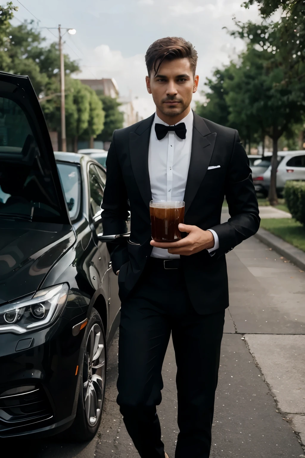 gentleman, with cup of copy, next his opend door luxury car