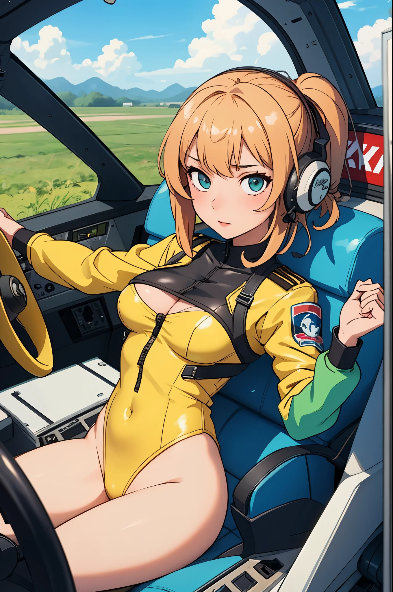 (masterpiece),( best quality), 1girl, pilot, flying helicopter, from cockpit, leotard,