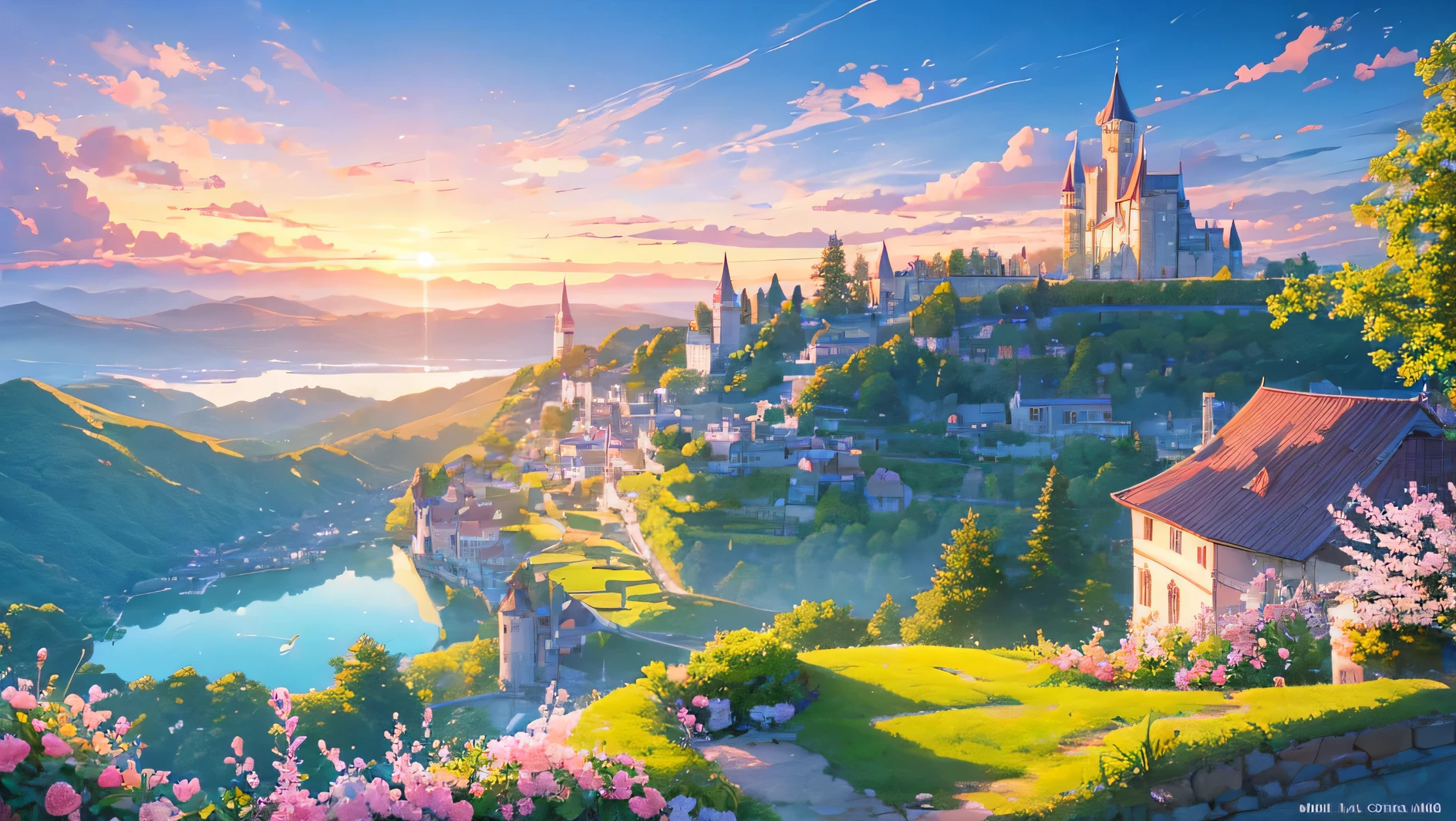 a huge castle romantic and girly in a valley 10 in the morning, a lake of water, lot of pink and rose gold flowers and beautiful sky with clouds
