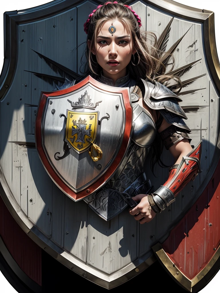 best quality,Super detailed,professional,portrait,(female warrior),(Detailed armor),sharp focus,(intense expression),bright colors,(((Ornately decorated shield))),Physically based rendering